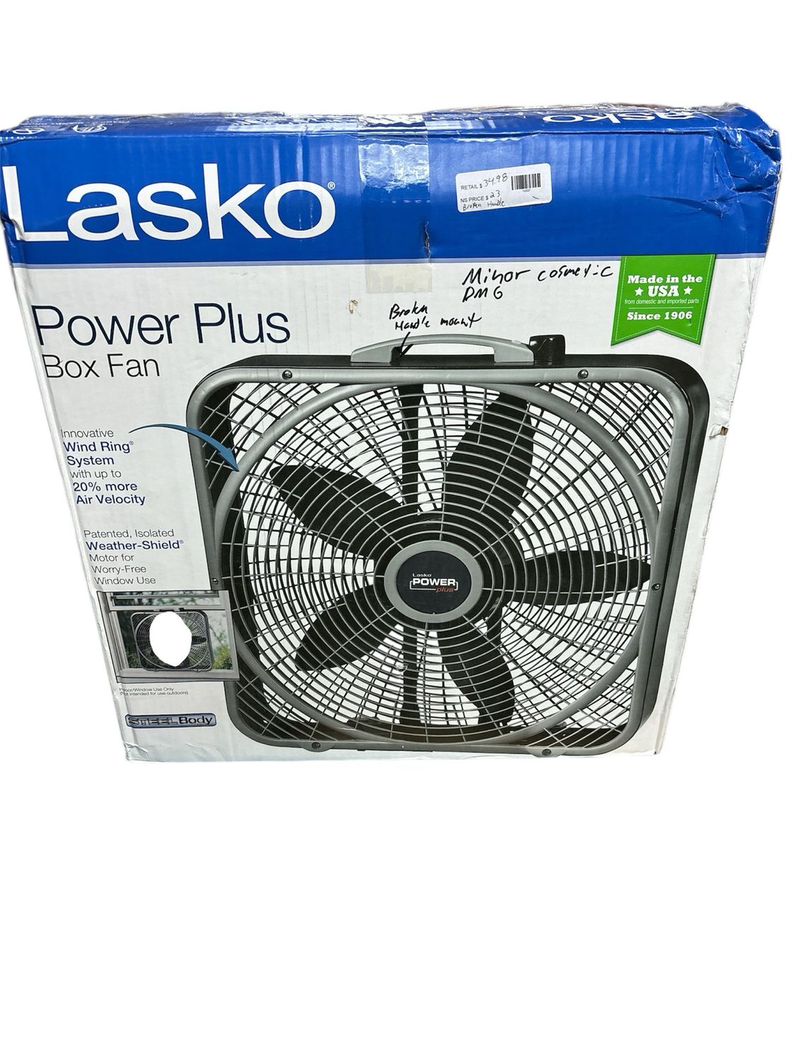 Lasko 20 in. 3 Speeds Box Fan in Gray with Weather-Shield Design for Window Use, Energy Efficent, Carry Handle, Steel Body B20540