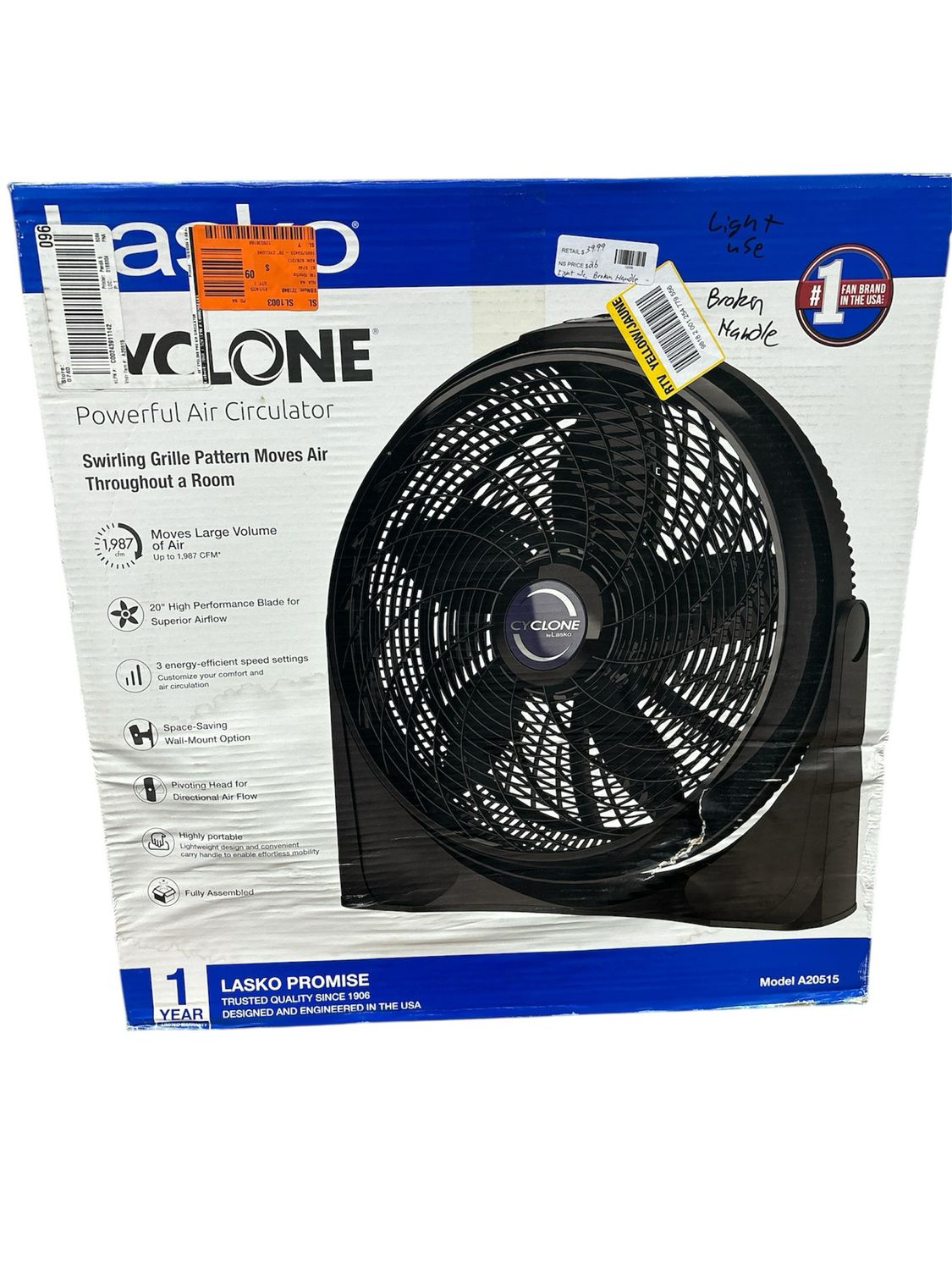 Lasko Cyclone 20 in. 3 Speed Air Circulator Floor Fan for Home in Black with Wall Mount Option, Pivoting Head and Carry Handle A20515