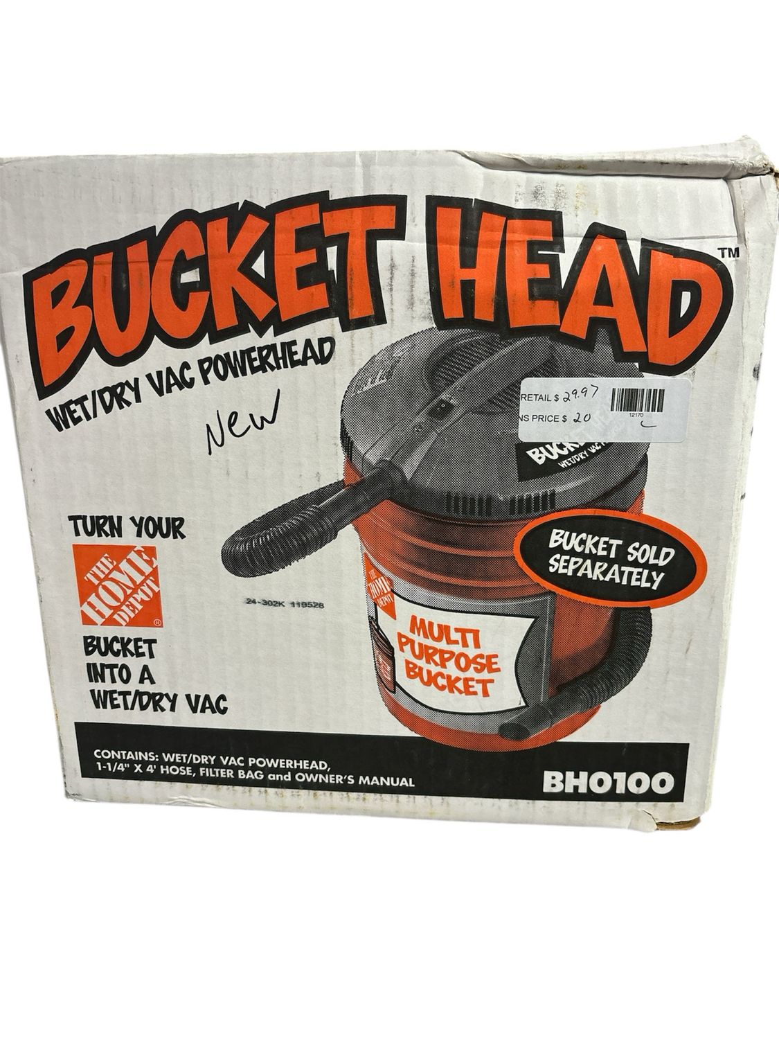 Bucket Head 5 Gallon 1.75 Peak HP Shop Vacuum Wet Dry Vac Powerhead with Filter Bag and Hose (compatible with 5 Gal. Homer Bucket) BH0100