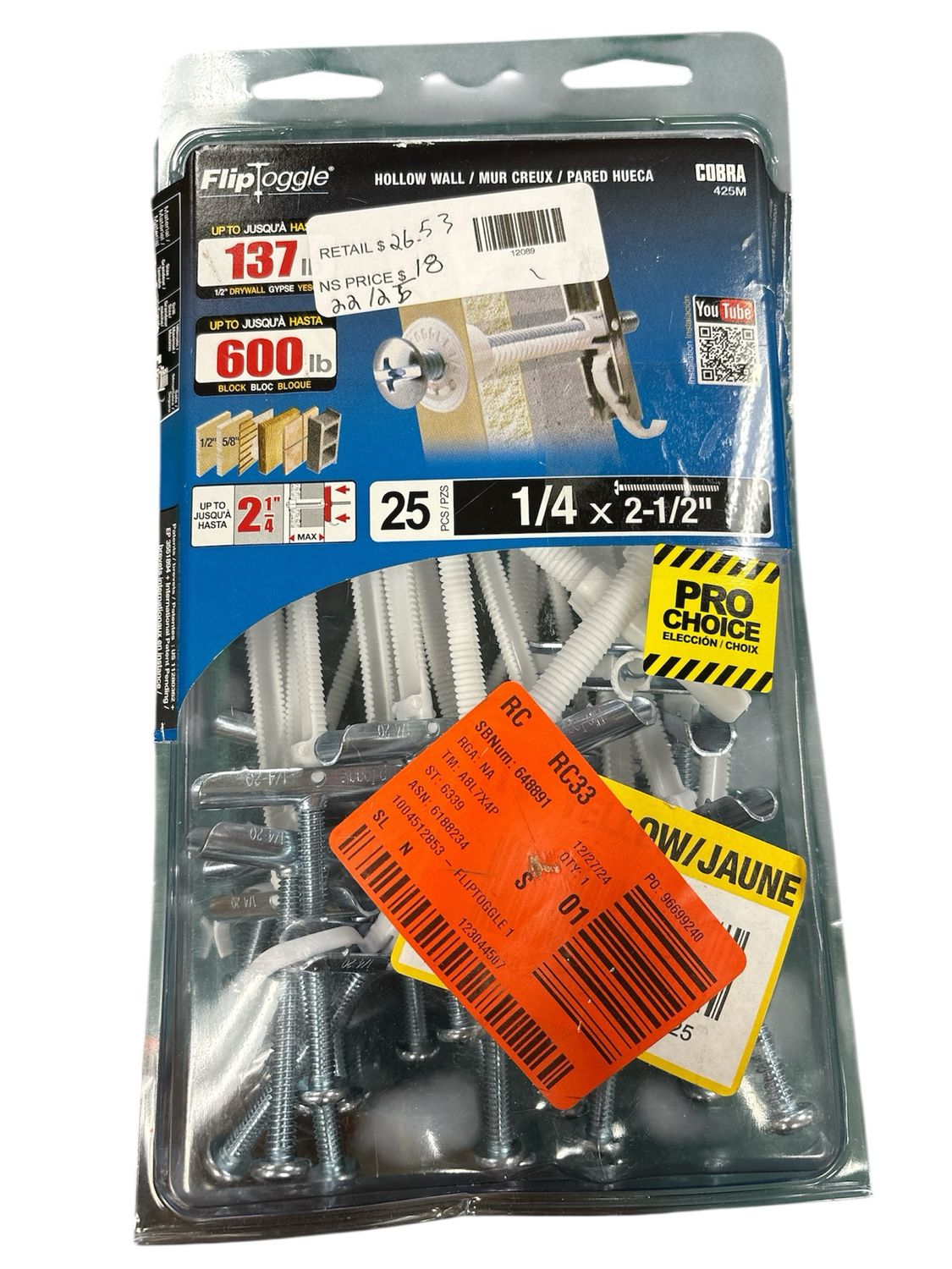 FLIPTOGGLE Fliptoggle 1/4 in. x 2-1/2 in. Plastic with Screw Philips and Slot Head 209lbs. Toggle Bolt (25-pack) 425M