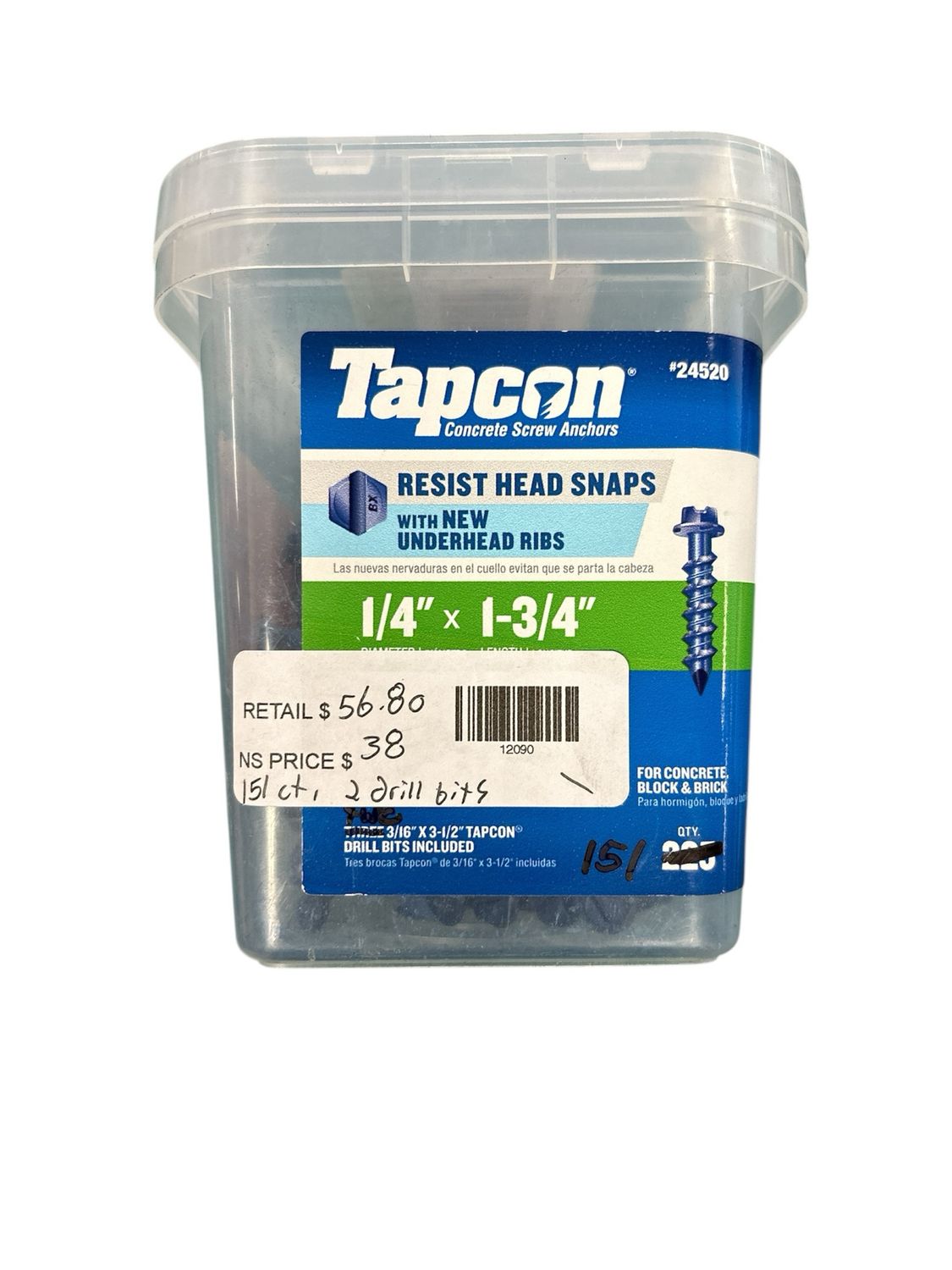 Tapcon 1/4 in. x 1-3/4 in. Hex-Washer-Head Concrete Anchors (151-Piece) 24520