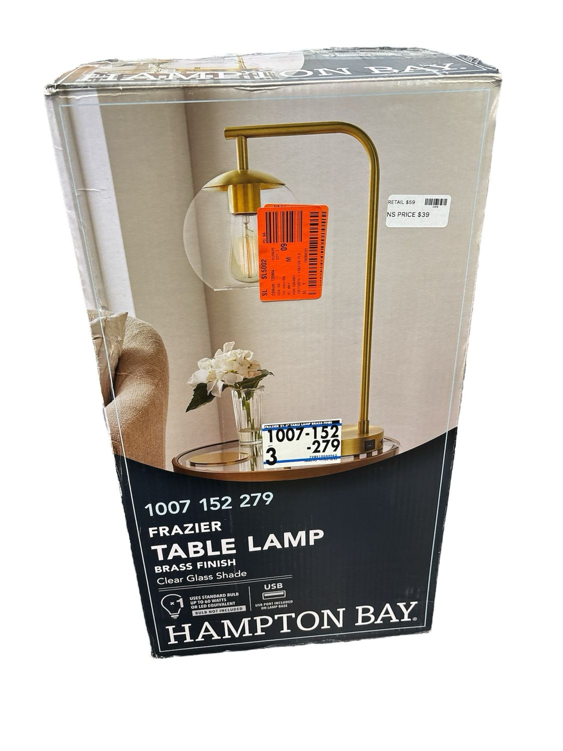 Hampton Bay Frazier 21.5 in. Antique Brass Table Lamp with USB Port AF47012U