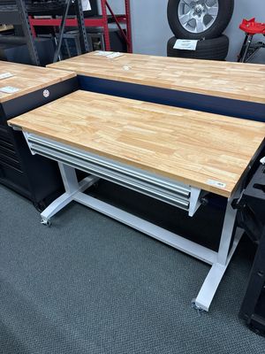 Husky 52 in. W x 24 in. D 2-Drawer Adjustable Height White Workbench Table with Solid Wood Top HOLT5202BJ2