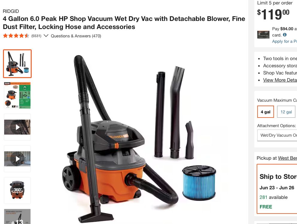 RIDGID 4 Gallon 6.0 Peak HP Shop Vacuum Wet Dry Vac with Detachable Blower, Fine Dust Filter, Locking Hose and Accessories WD4080