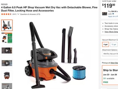 RIDGID 4 Gallon 6.0 Peak HP Shop Vacuum Wet Dry Vac with Detachable Blower, Fine Dust Filter, Locking Hose and Accessories WD4080