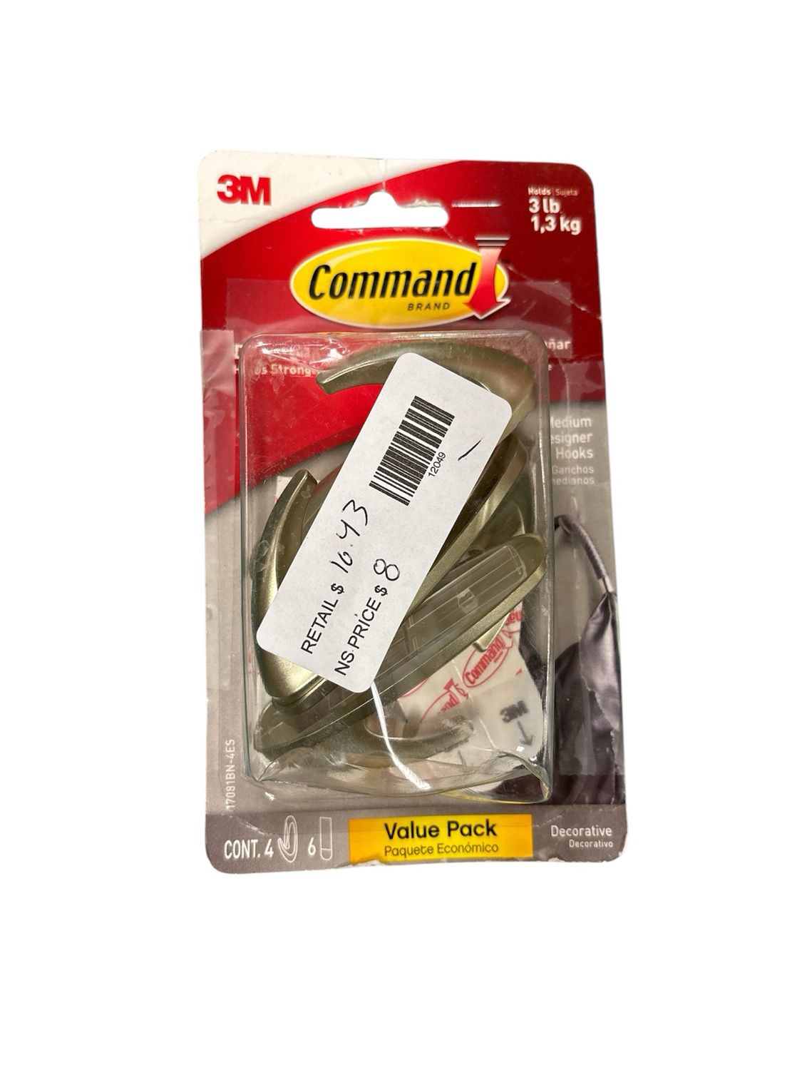 Command 3 lbs. Medium Metallic Designer Hooks, Value Pack, (4-Pack) (4 Hooks, 6 Strips)  17081BN-4ES
