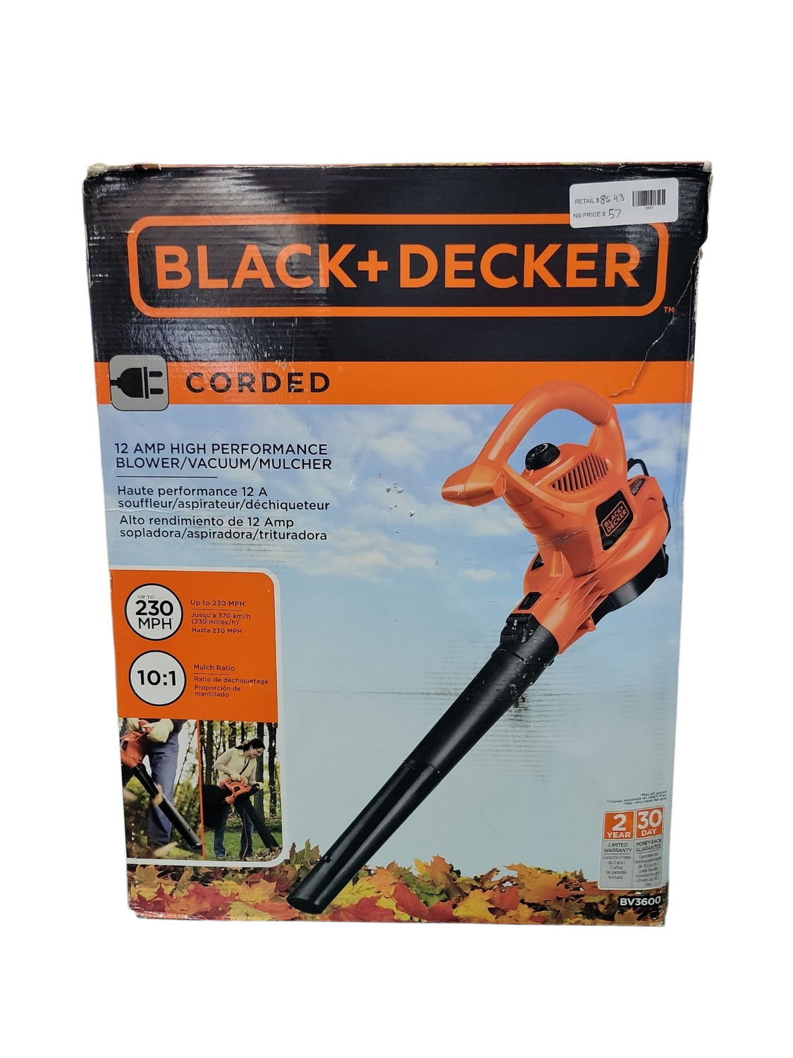 BLACK+DECKER 12 AMP 230 MPH 385 CFM Corded Electric 3-In-1 Handheld Leaf Blower, Vacuum &amp; Mulcher with Tool Free Switchover BV3600