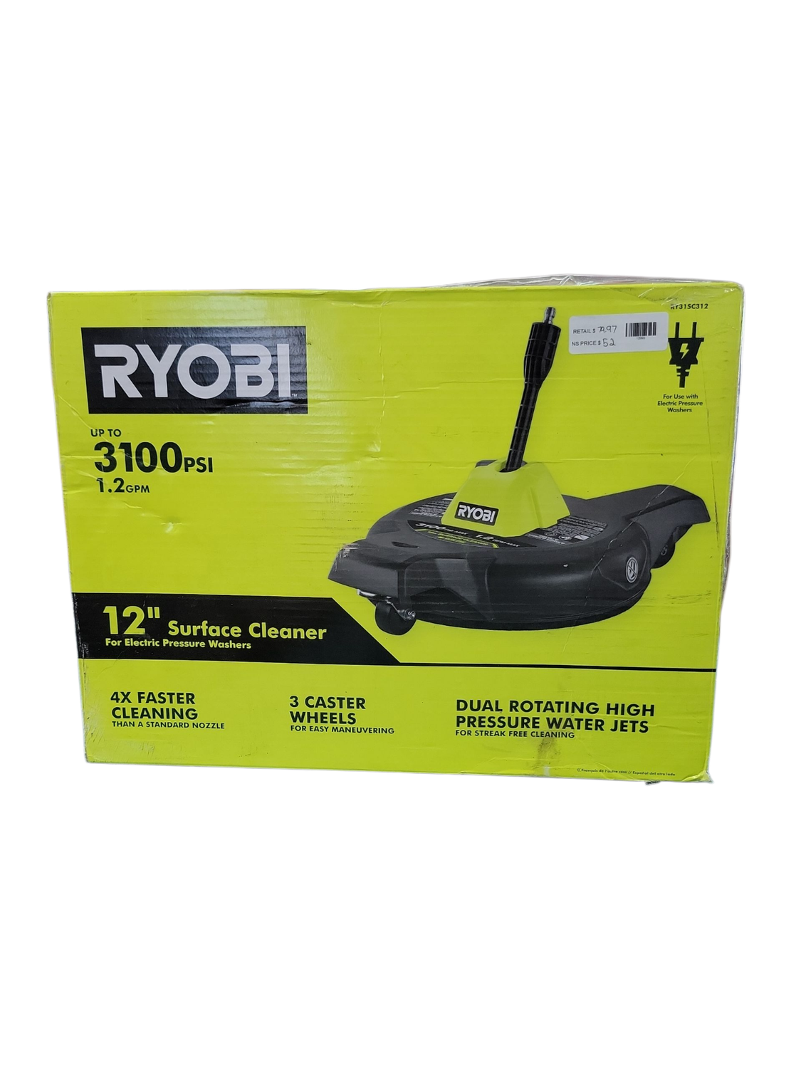 RYOBI 12 in. 3100 PSI Electric Pressure Washer Surface Cleaner with Caster Wheels RY31SC312