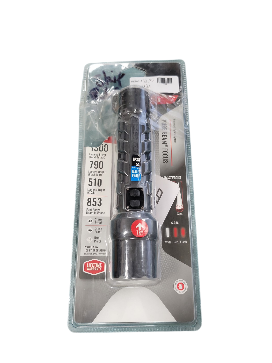 Coast Polysteel 700 Stormproof 800 Lumen Dual Power LED Flashlight with Dual Color (White/Red) C.O.B. 30351