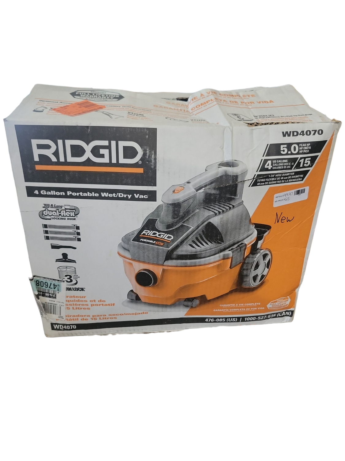 RIDGID 4 Gallon 5.0 Peak HP Portable Shop Vacuum Wet Dry Vac with Fine Dust Filter, Locking Hose and Accessory Attachments WD4070  .