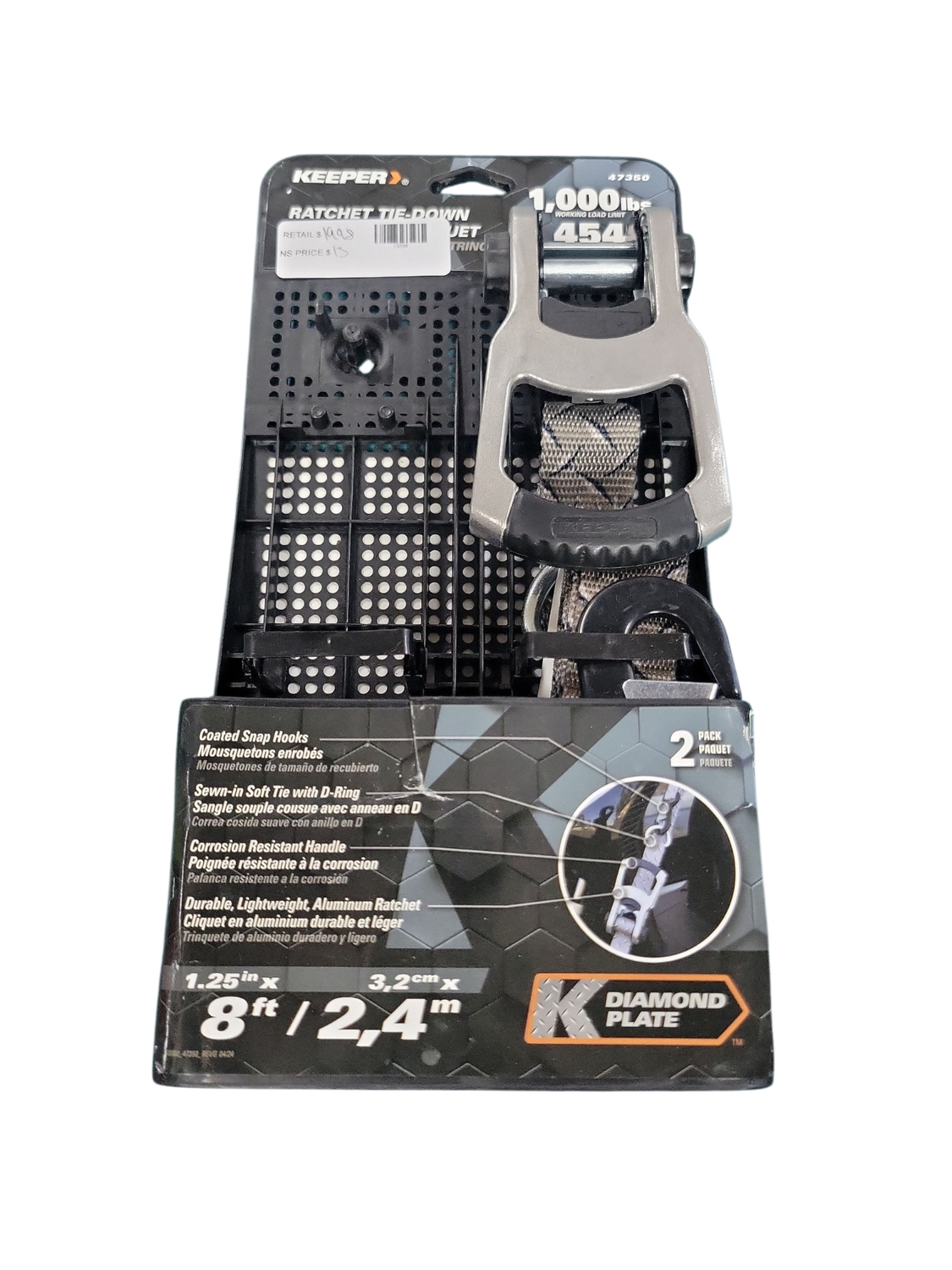 Keeper Diamond Plate Ratchet Tie-Down Strap 8 ft. x 1.25 in. (2-Pack) 47350