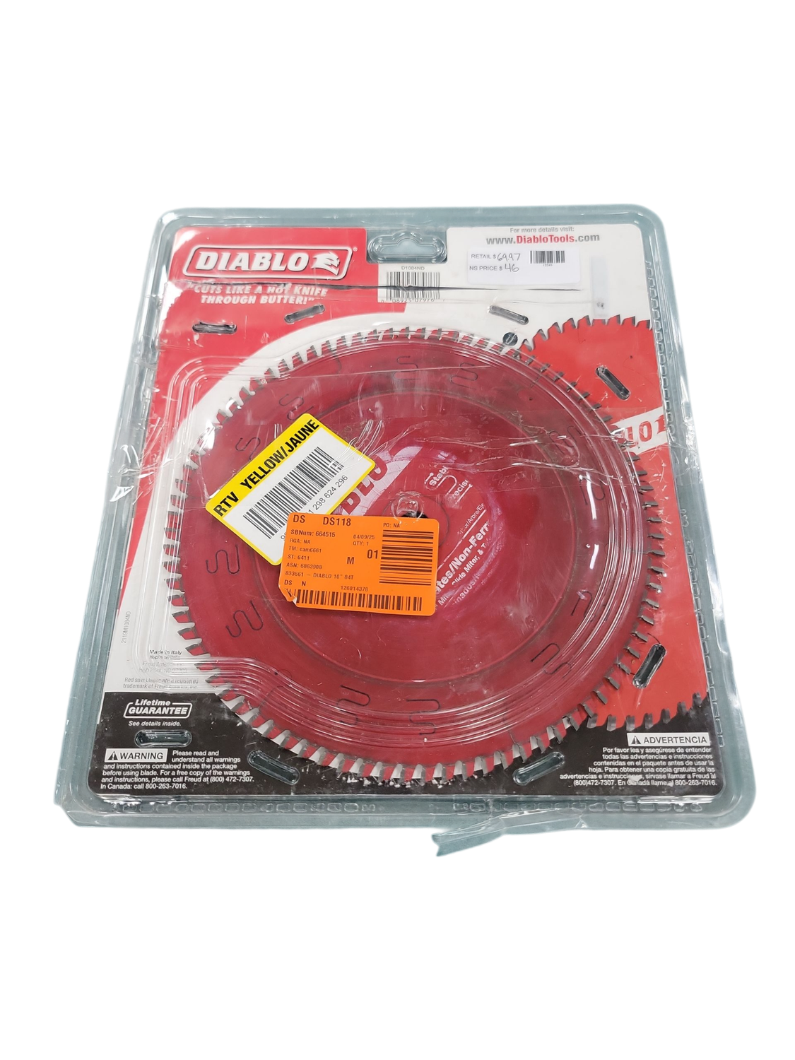 DIABLO 10in. x 84-Tooth Aluminum and Plastics Saw Blade D1084ND