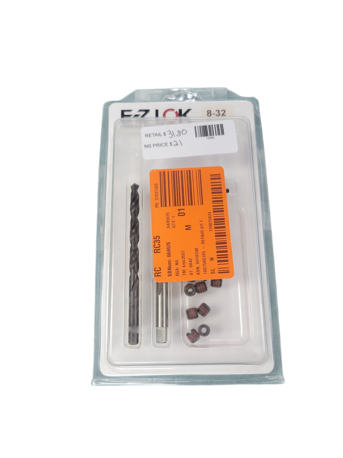 E-Z LOK Repair Kit for Threads in Metal - 8-32 - 10 Self-Locking Steel Inserts with Drill, Tap and Install Tool EZ-329-008