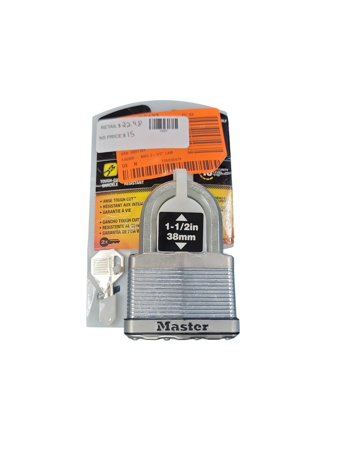 Master Lock Heavy Duty Outdoor Padlock with Key, 2-1/2 in. Wide, 1-1/2 in. Shackle M15XKADLFCCSEN .