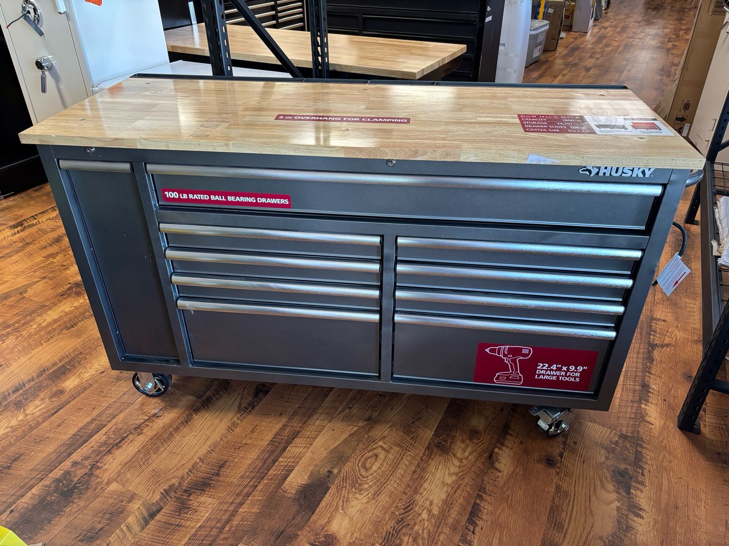 Husky 61 in. W x 24 in. D Standard Duty 10-Drawer Mobile Workbench Tool Chest with Sliding Bin Storage Drawer in Silver H61MWC10SR