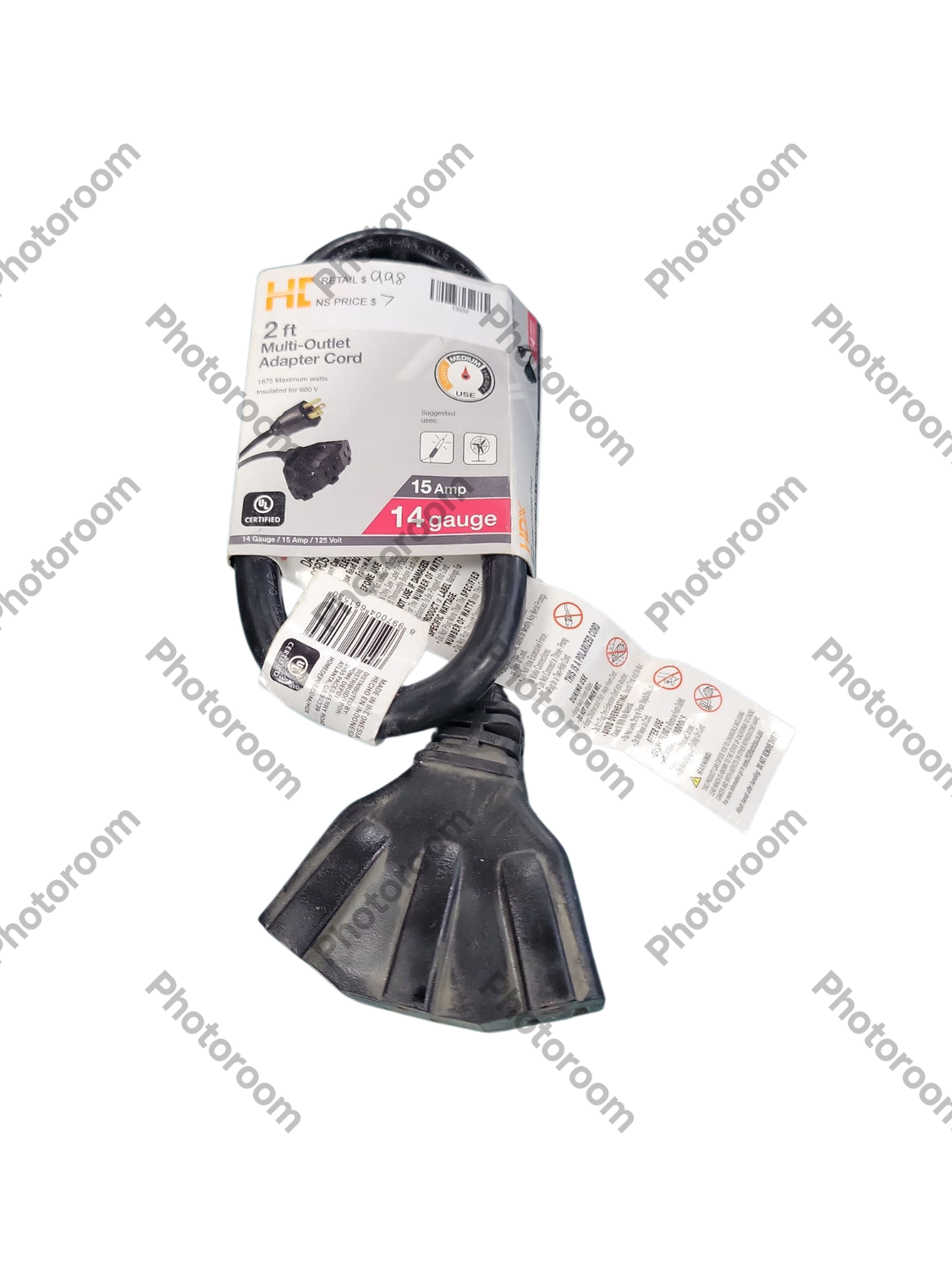 HDX 2 ft. 14/3 Medium Duty Indoor/Outdoor Adaptor Cord with Multiple Outlet Triple Tap End, Black HWHD1432F