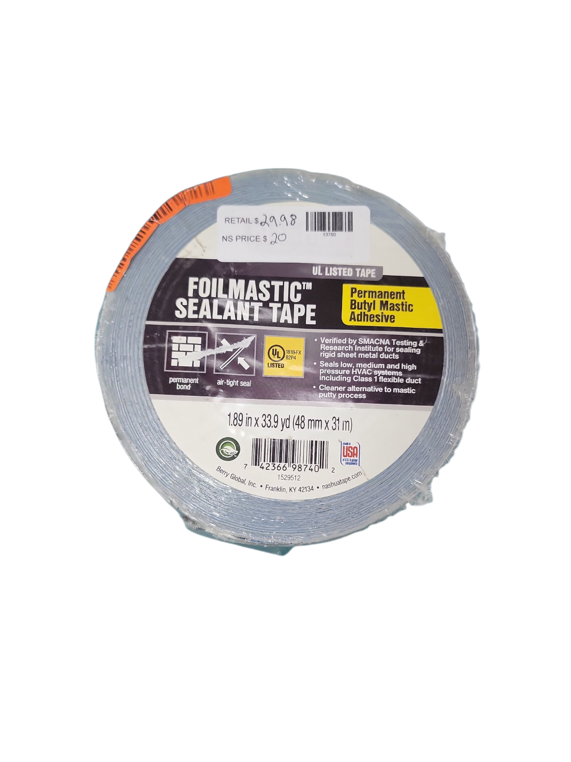 Nashua Tape 1.89 in. x 33.9 yd. Foilmastic Sealant Duct Tape 1542730 .