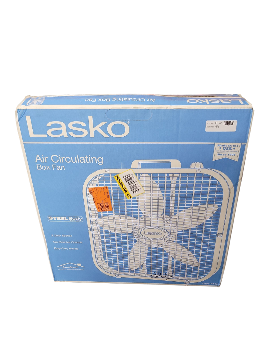 Lasko 20 in. 3 Speed Air Circulating Box Fan for Home in White with Save Smart Technology, 1820 CFM and Carry Handle B20201