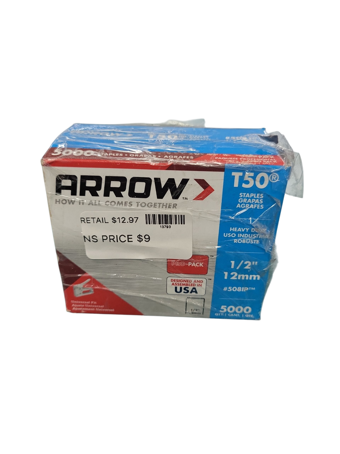 Arrow T50 1/2 in. Leg x 3/8 in. 508IP Galvanized, Medium Crown, Chisel Point, 20-Gauge Heavy-Duty Steel Staples (5,000-Pack) 508IP  .