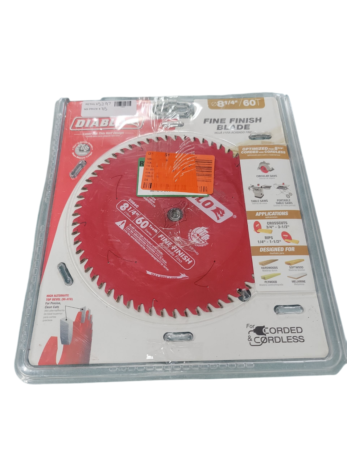 DIABLO 8-1/4in. x 60-Teeth Fine Finish Circular Saw Blade for Wood D0860X