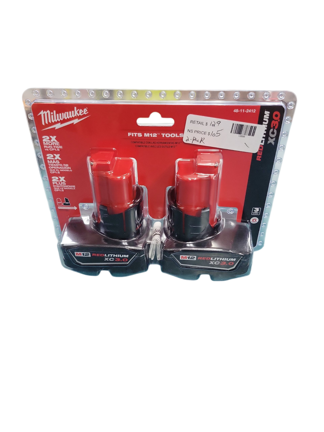 Milwaukee M12 12-Volt Lithium-Ion XC Extended Capacity 3.0 Ah Battery Pack (2-Pack) 48-11-2412