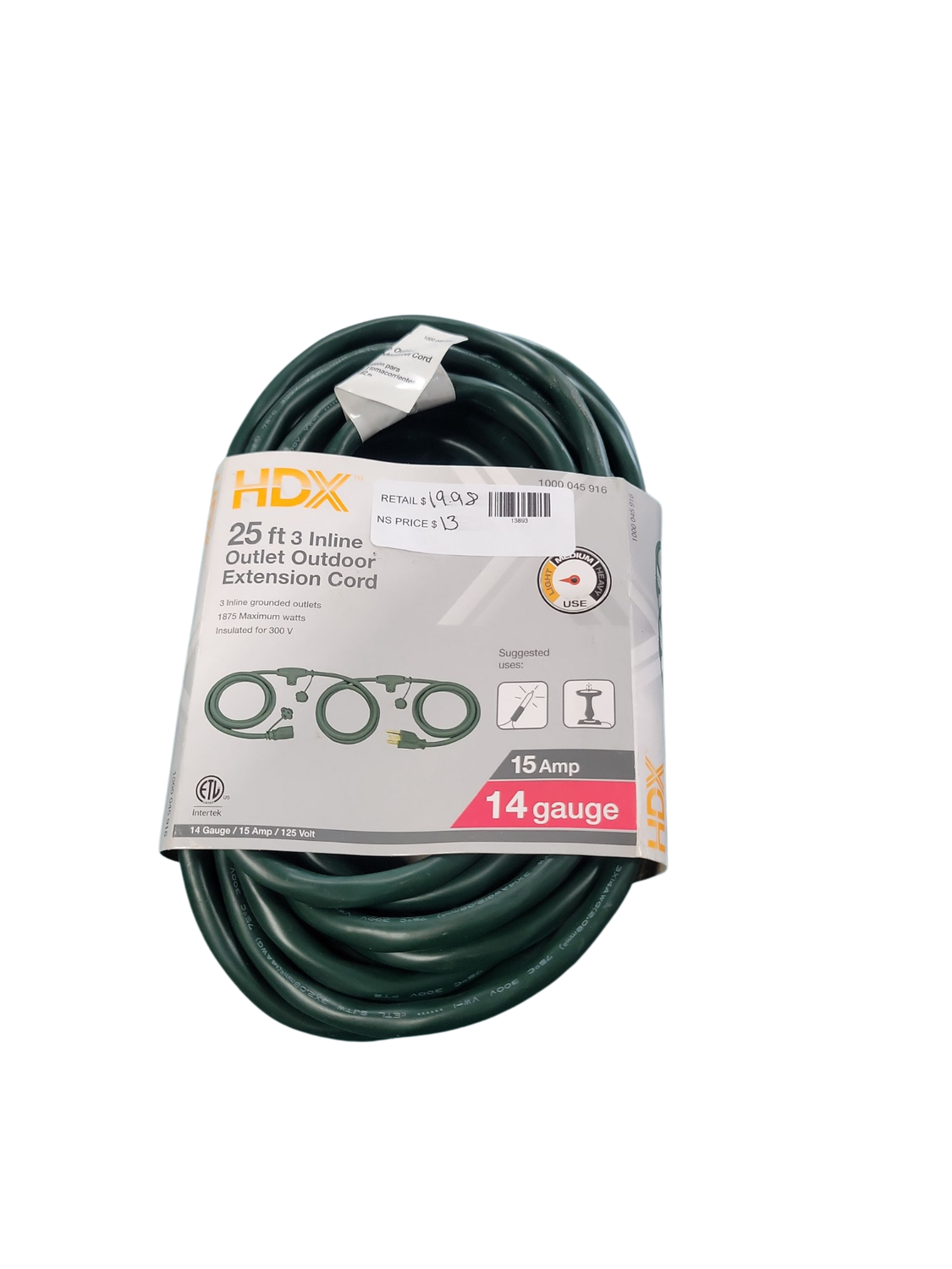 HDX 25 ft. 14/3 3 Outlet Extension Cord, Green KB-168