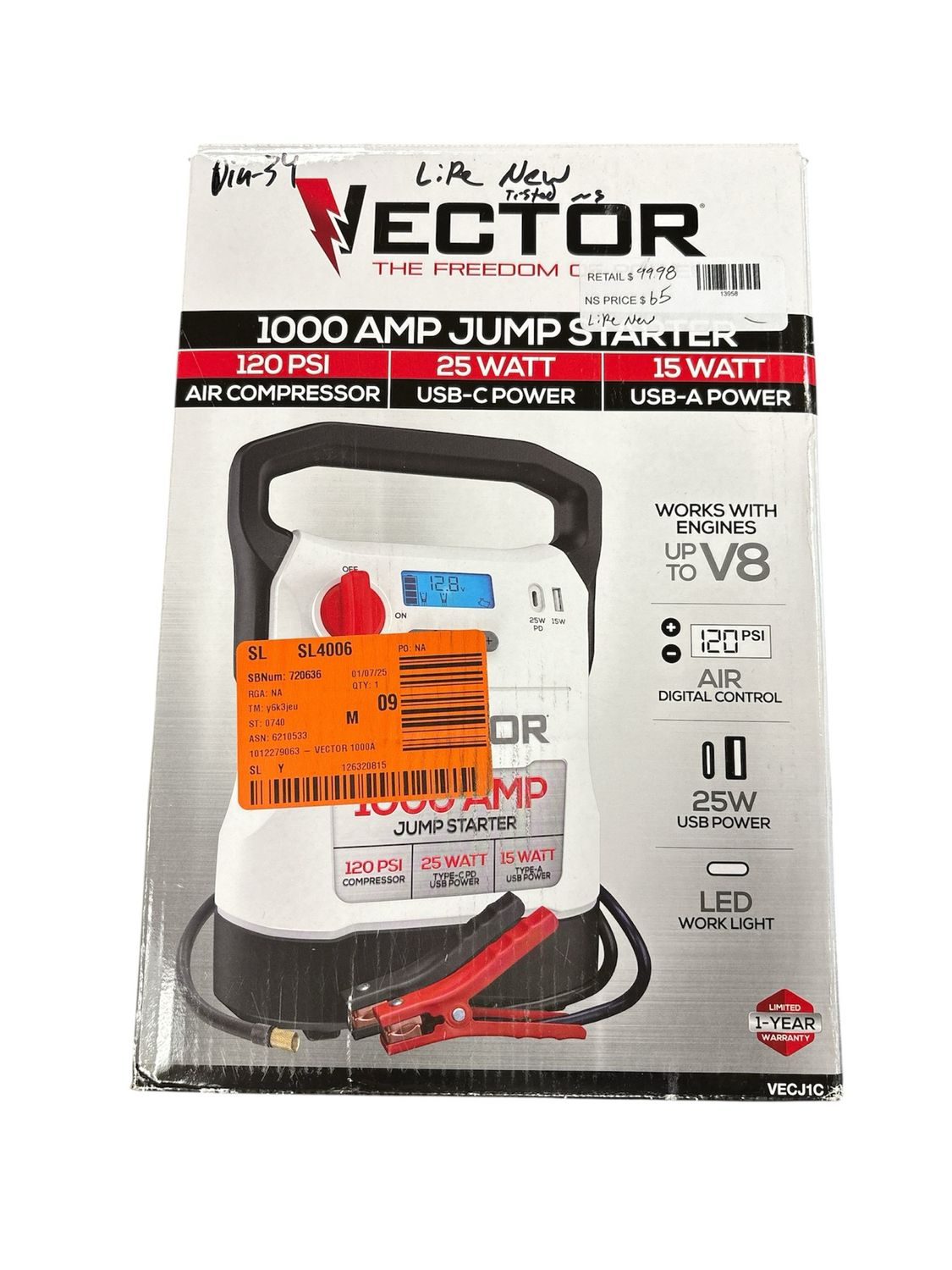 VECTOR 1000 Amp Jump Starter, Compressor, USB Power VECJ1C