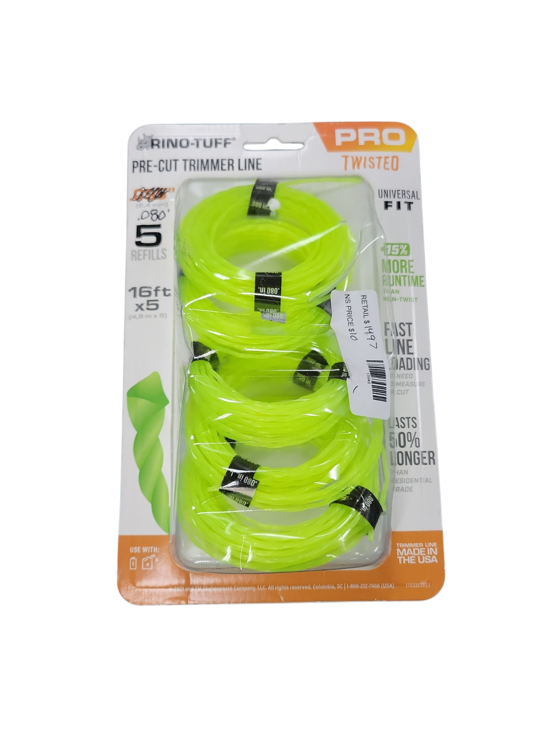 Rino-Tuff Universal Fit .080 in. x 16 ft. Precut Pro Twisted Line for Gas and Select Cordless String Grass Trimmer Part/Lawn Edger