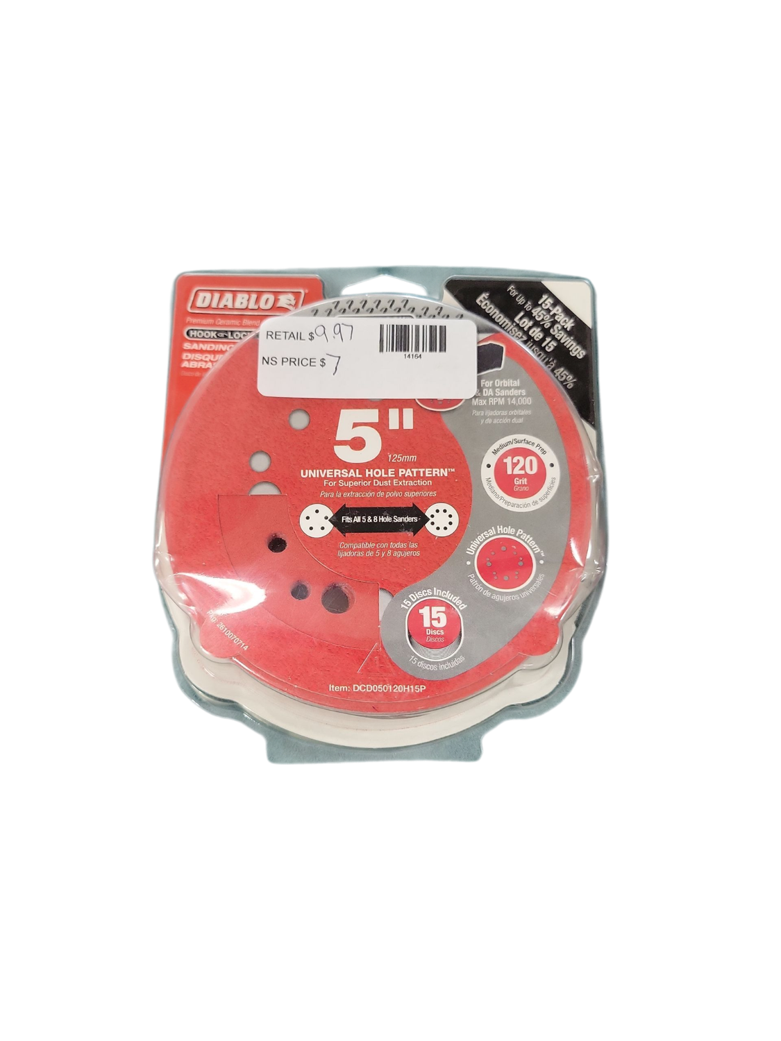 DIABLO 5 in. 120-Grit Universal Hole Random Orbital Sanding Disc with Hook and Lock Backing (15-Pack) DCD050120H15P