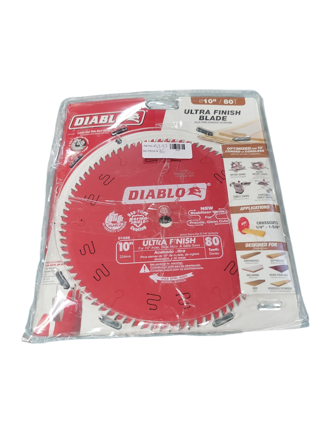 DIABLO 10in. x 80-Tooth Ultra Finish Saw Blade for Wood D1080X