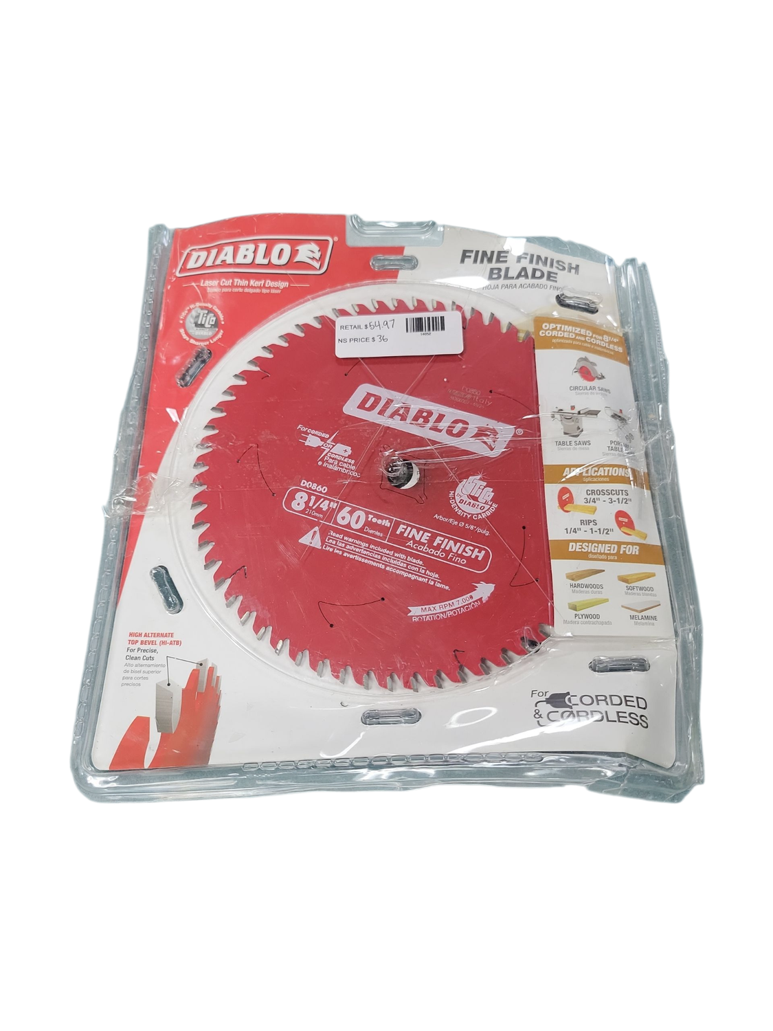 DIABLO 8-1/4in. x 60-Teeth Fine Finish Circular Saw Blade for Wood D0860X .