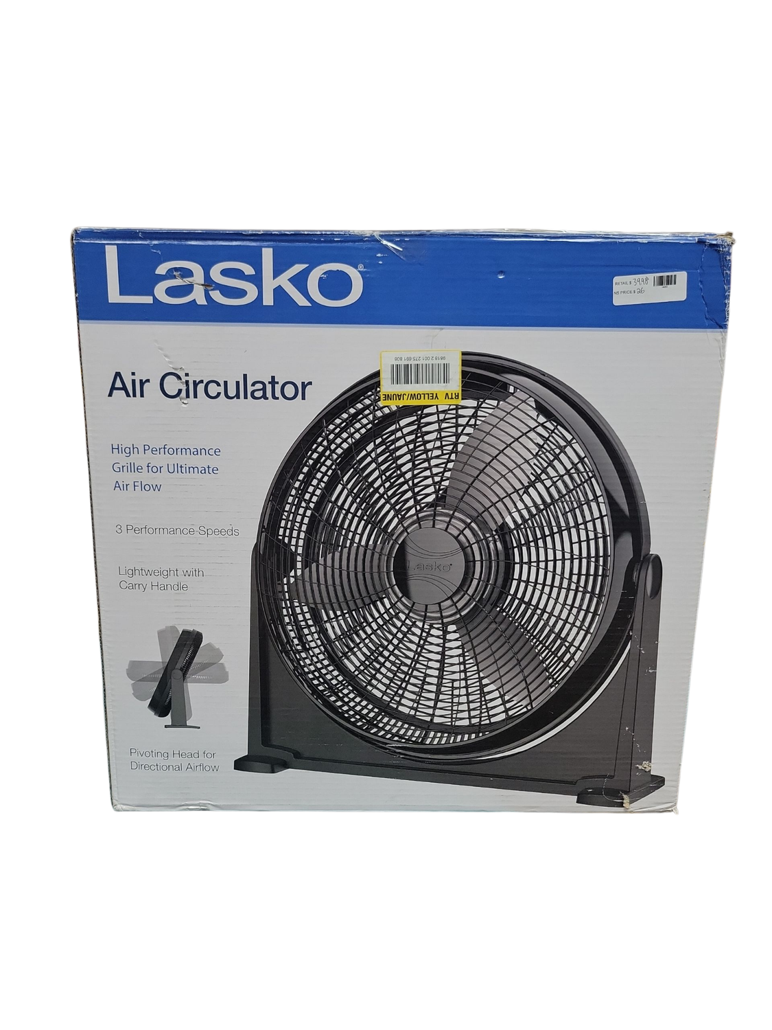 Lasko 20 in. 3 Speed Air Circulator Floor Fan for Home in Black with Wall Mount Option, Full Range Pivoting Head, Carry Handle A20107