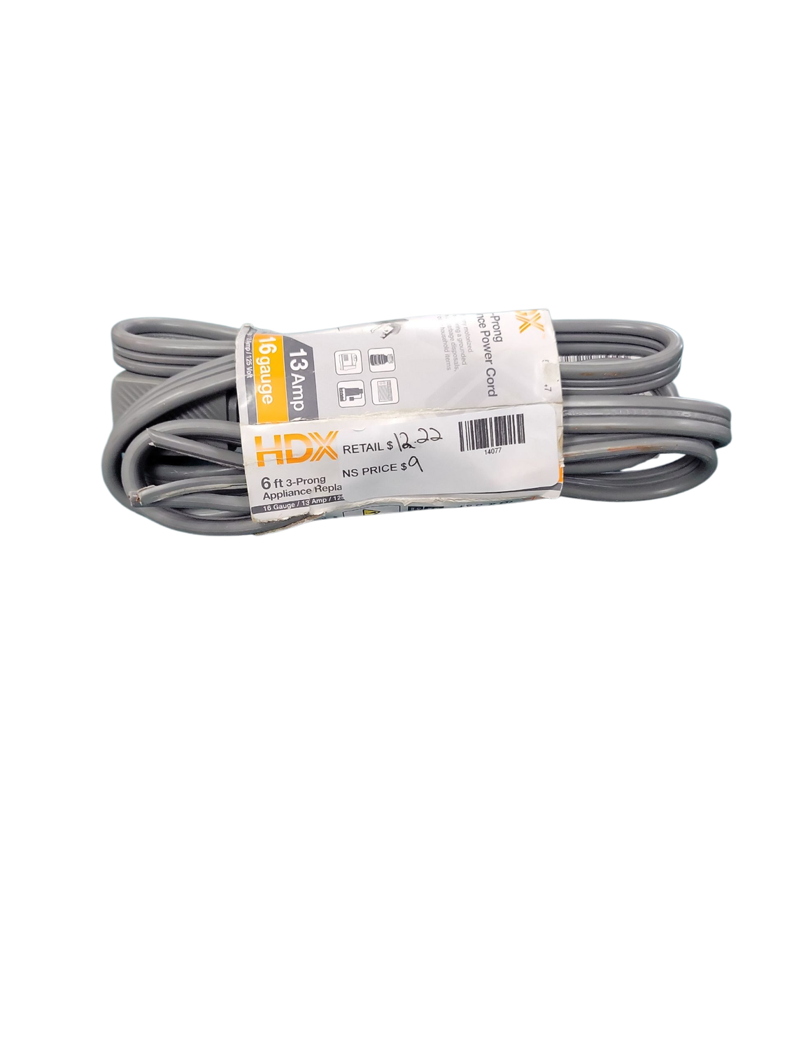 HDX 6 ft. 16/3 13 Amp 3-Prong Appliance Replacement Cord, Grey HD#588-547
