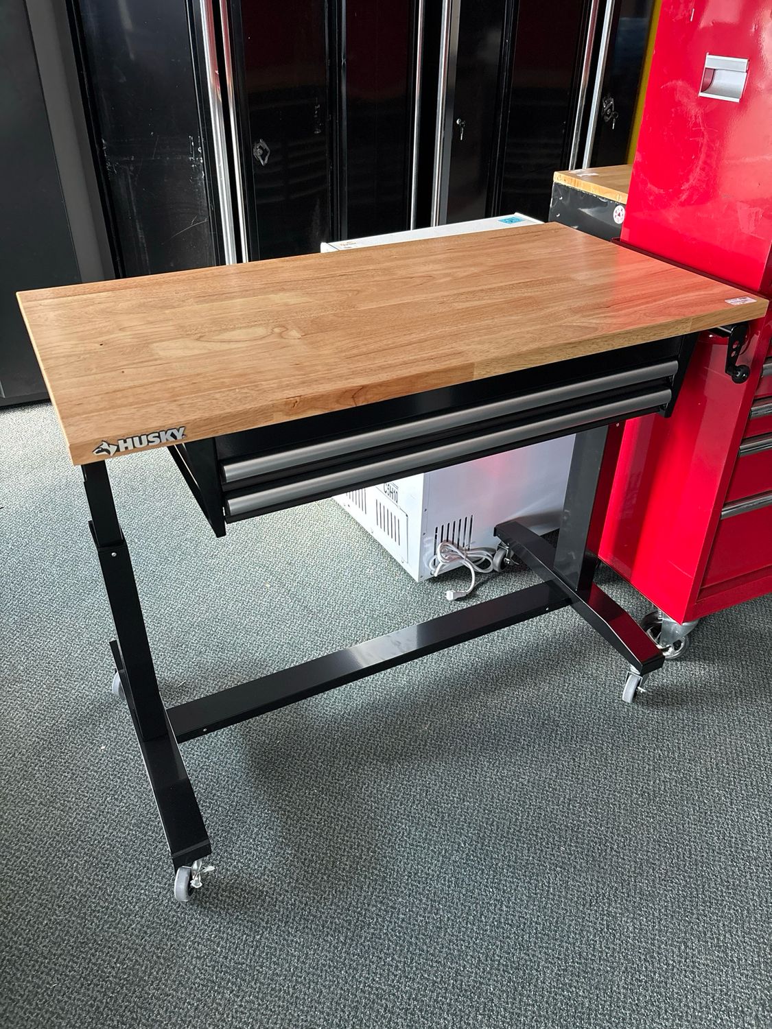 Husky Tool Storage 46 in. W x 24 in. D 2-Drawer Adjustable Height Black Worktable with Solid Wood Top HOLT4602B12