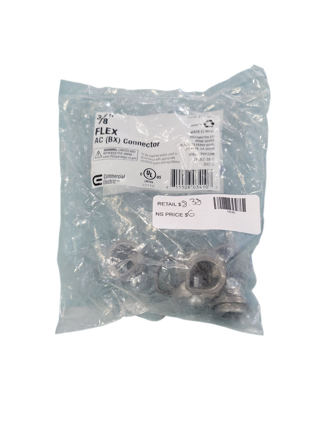 Commercial Electric 3/8 in. (1/2 in. knockout) Flexible Metal Conduit (FMC) AC (BX) Connector (5-Pack) FFCBZ-38-5 .
