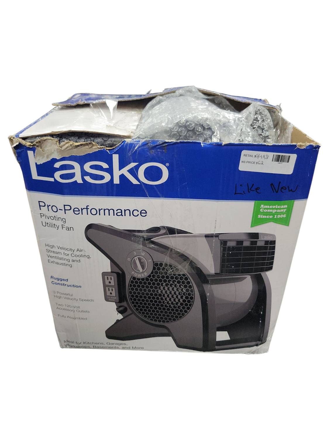 Lasko Pivoting 11.2 in. 3 Speed High Velocity Blower Fan for Home, Job Site in Gray, 375 CFM, 2 120V Outlets, Circuit Breaker U15610