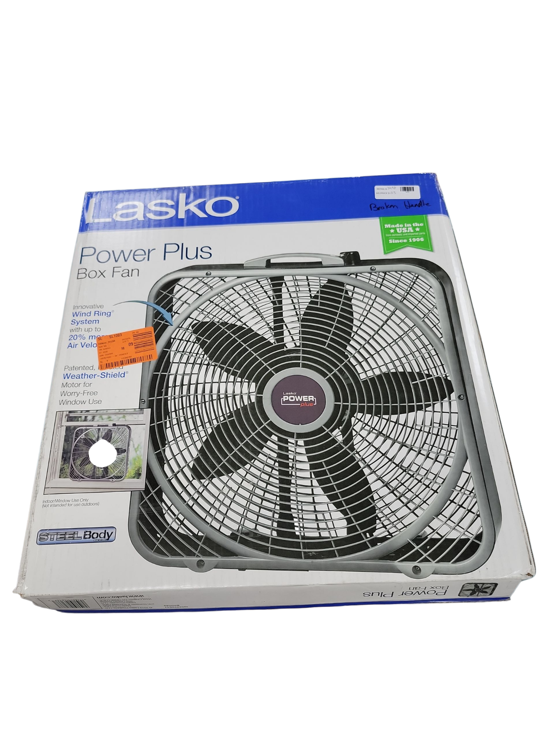 Lasko Power Plus 20 in. 3 Speed Box Fan for Home in Gray with Weather Shield Design for Window Use, 2000 CFM, Carry Handle B20540 .