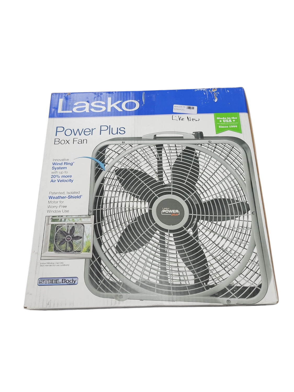 Lasko Power Plus 20 in. 3 Speed Box Fan for Home in Gray with Weather Shield Design for Window Use, 2000 CFM, Carry Handle B20540
