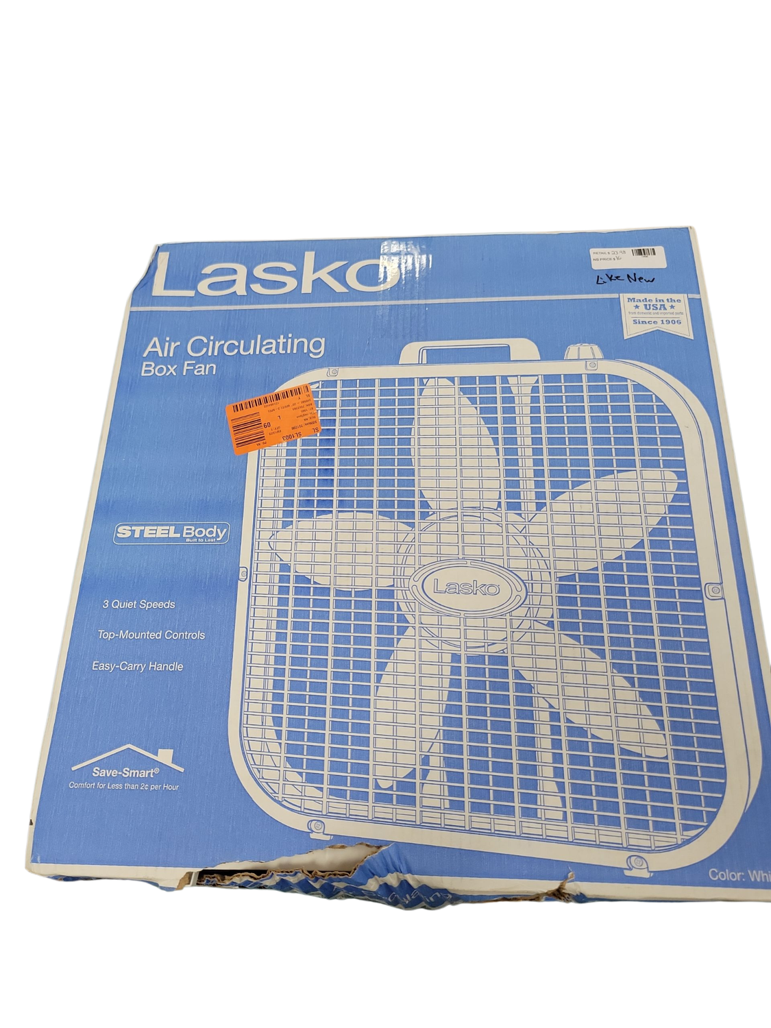 Lasko 20 in. 3 Speed Air Circulating Box Fan for Home in White with Save Smart Technology, 1820 CFM and Carry Handle B20201 .