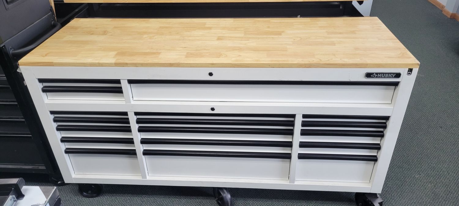 Husky Tool Storage 72 in. W x 24 in. D 18-Drawer Heavy Duty Adjustable Height Mobile Workbench Cabinet in Matte White HOLC7218BT1M .