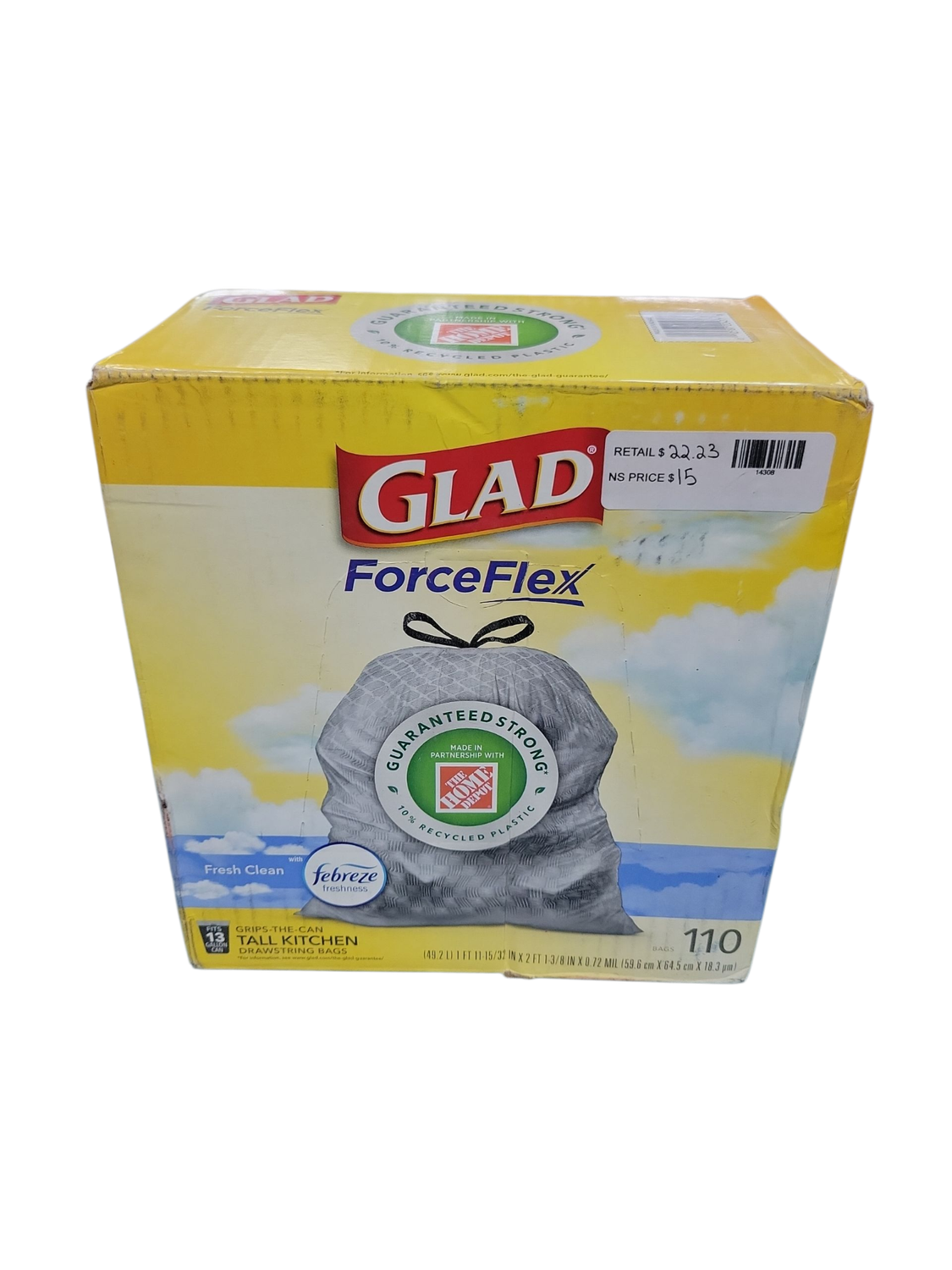 Glad 13 Gal. ForceFlex Tall Kitchen Drawstring Fragrance Free Trash Bags (110-Count) 1258778555