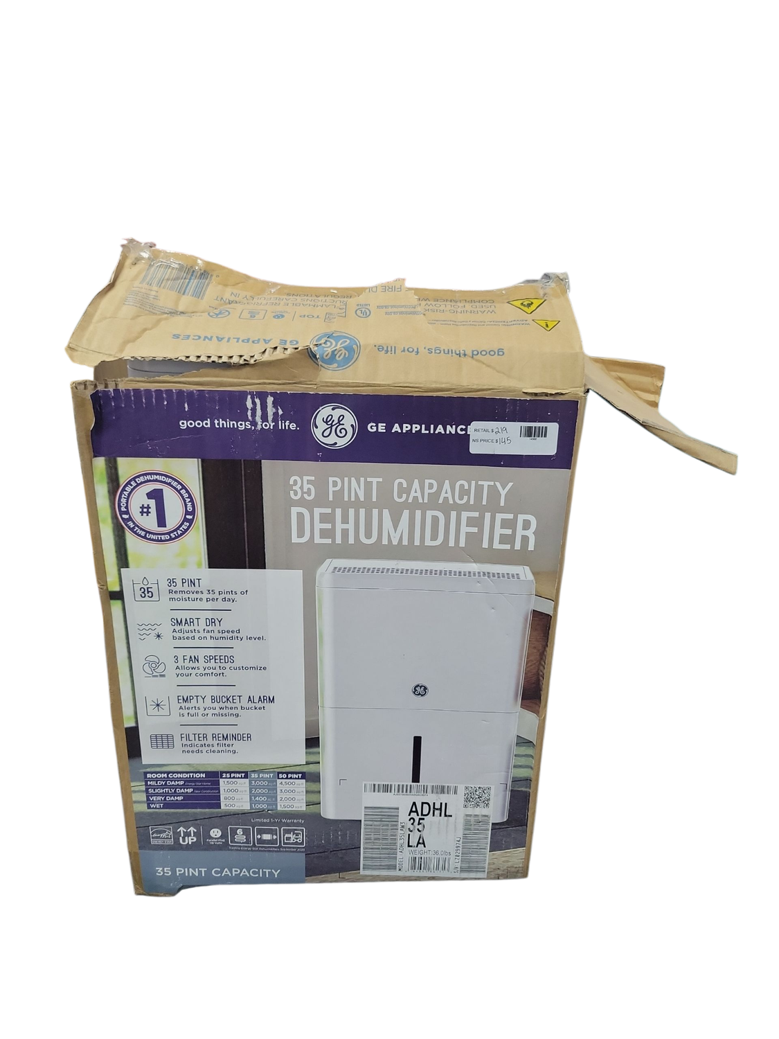 GE 35 pt. Dehumidifier with Smart Dry for Bedroom, Basement or Very Damp Rooms up to 3000 sq. ft. in White, ENERGY STAR ADHL35LA  .