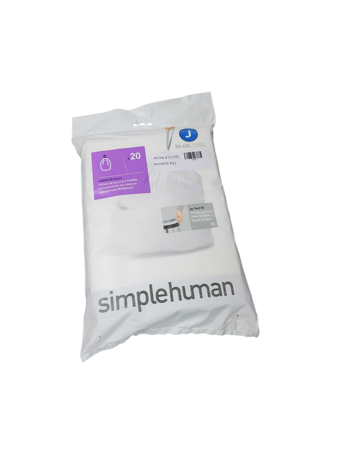 simplehuman Code J Custom Fit Drawstring Trash Bags in Dispenser Packs, 20 Count, 30-45 Liter / 8-12 Gallon, White