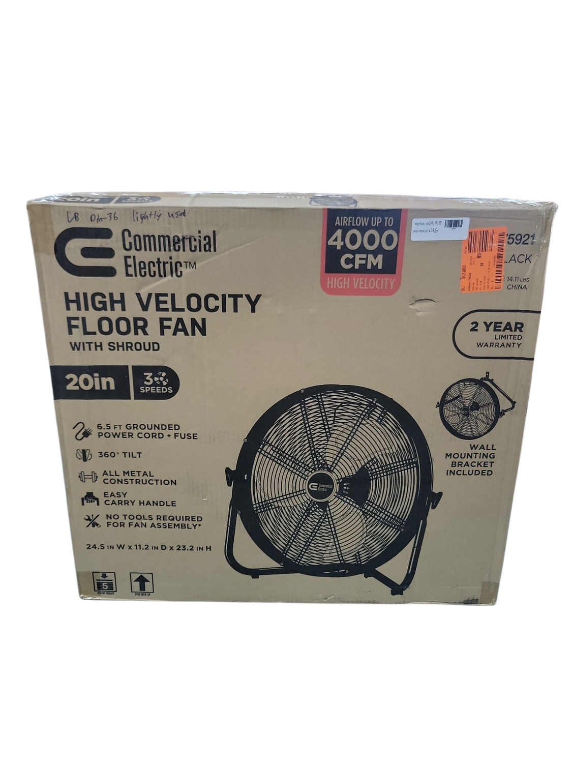 Commercial Electric 20 in. 3-Speed High Velocity Shroud Floor Fan SFD1-500B-3 .