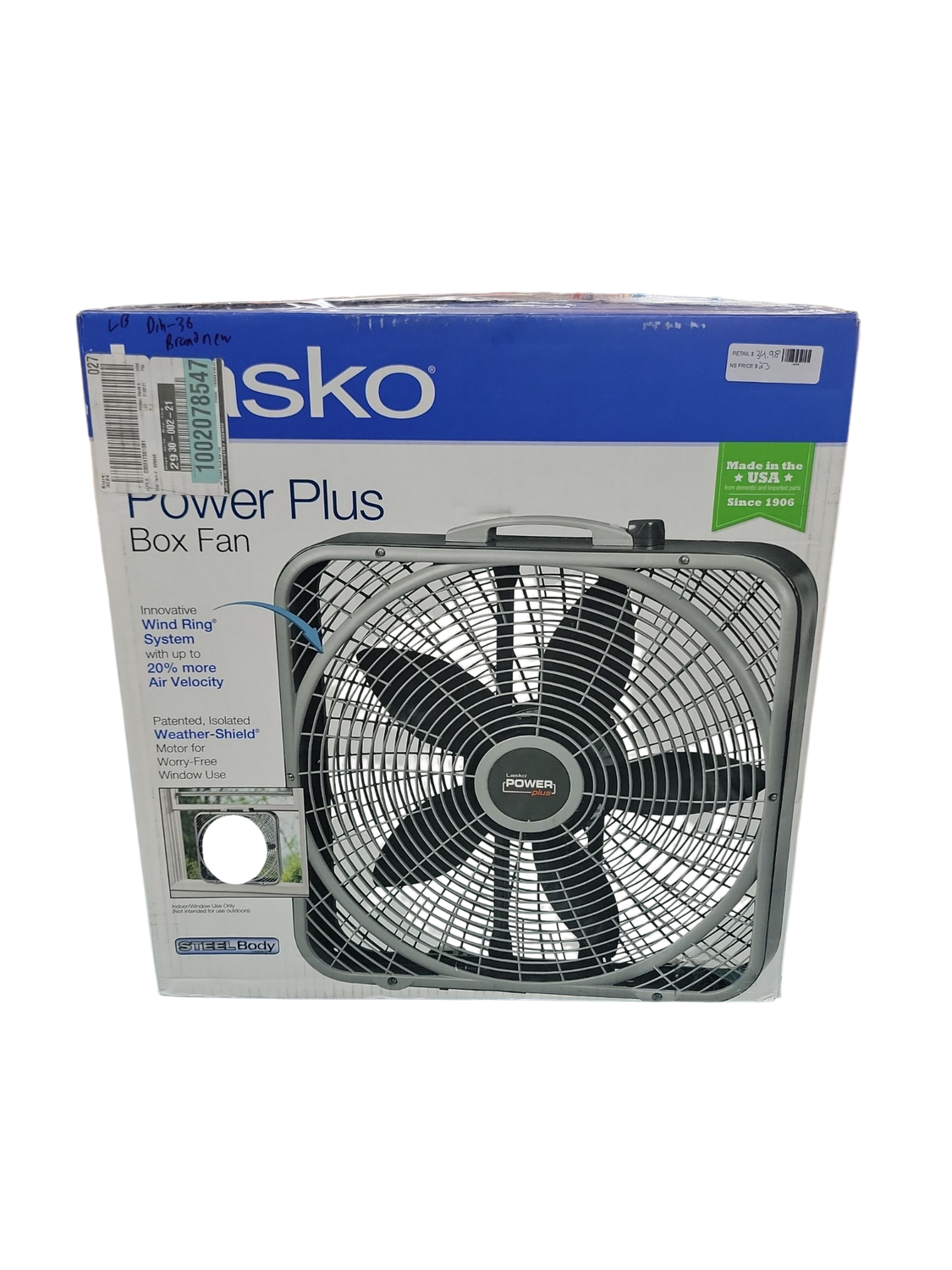 Lasko Power Plus 20 in. 3 Speed Box Fan for Home in Gray with Weather Shield Design for Window Use, 2000 CFM, Carry Handle B20540  .