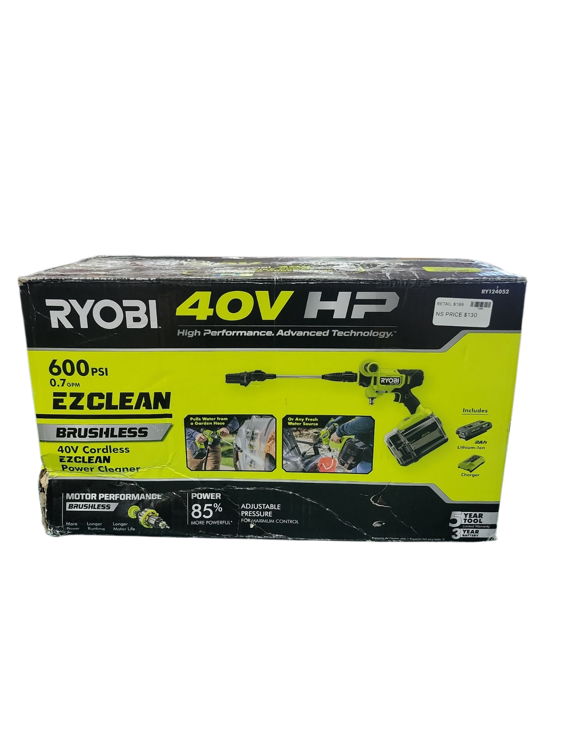 RYOBI 40V HP Brushless EZClean 600 PSI 0.7 GPM Cordless Battery Cold Water Power Cleaner with 2.0 Ah Battery and Charger RY124052K  .