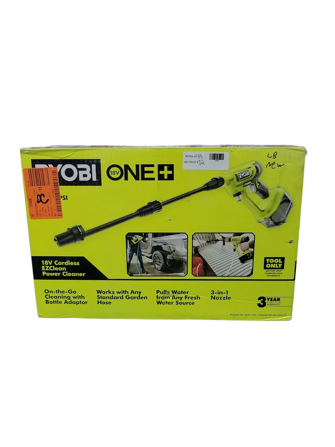 RYOBI ONE+ 18V EZClean 320 PSI 0.8 GPM Cordless Battery Cold Water Power Cleaner (Tool Only) RY120350  .