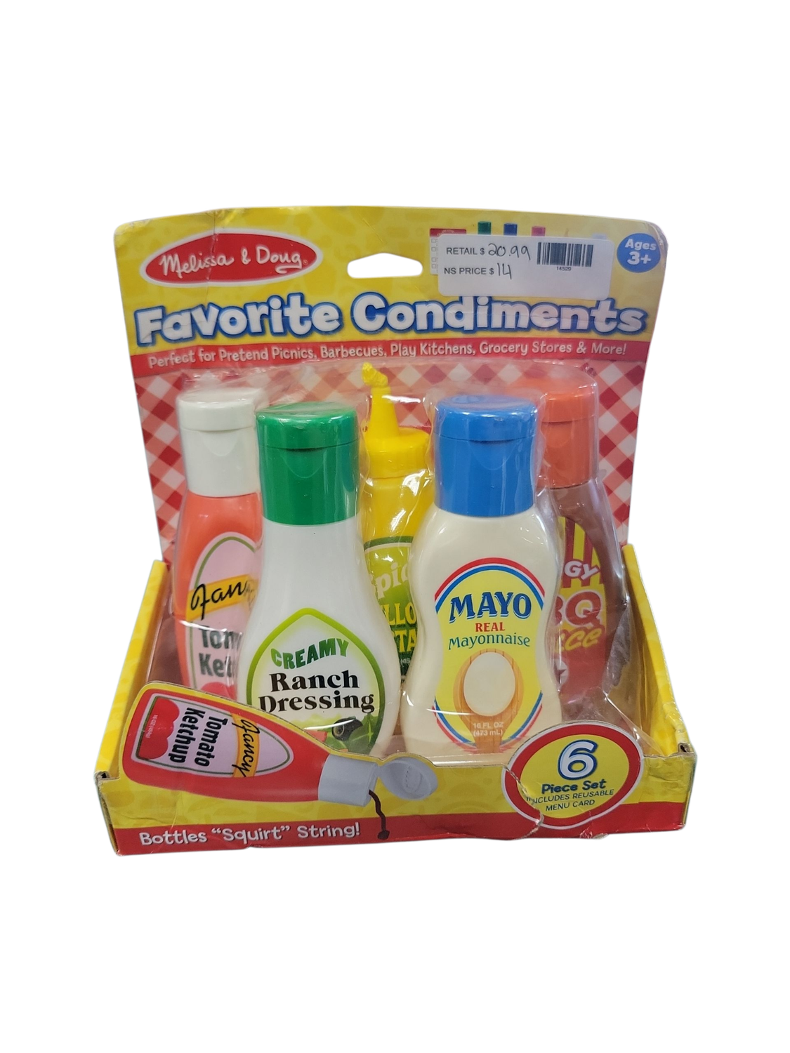 Melissa &amp; Doug 5-Piece Favorite Condiments Play Food Set Play Ketchup and Mustard Bottles, Pretend Food Set for Kids Ages 3+