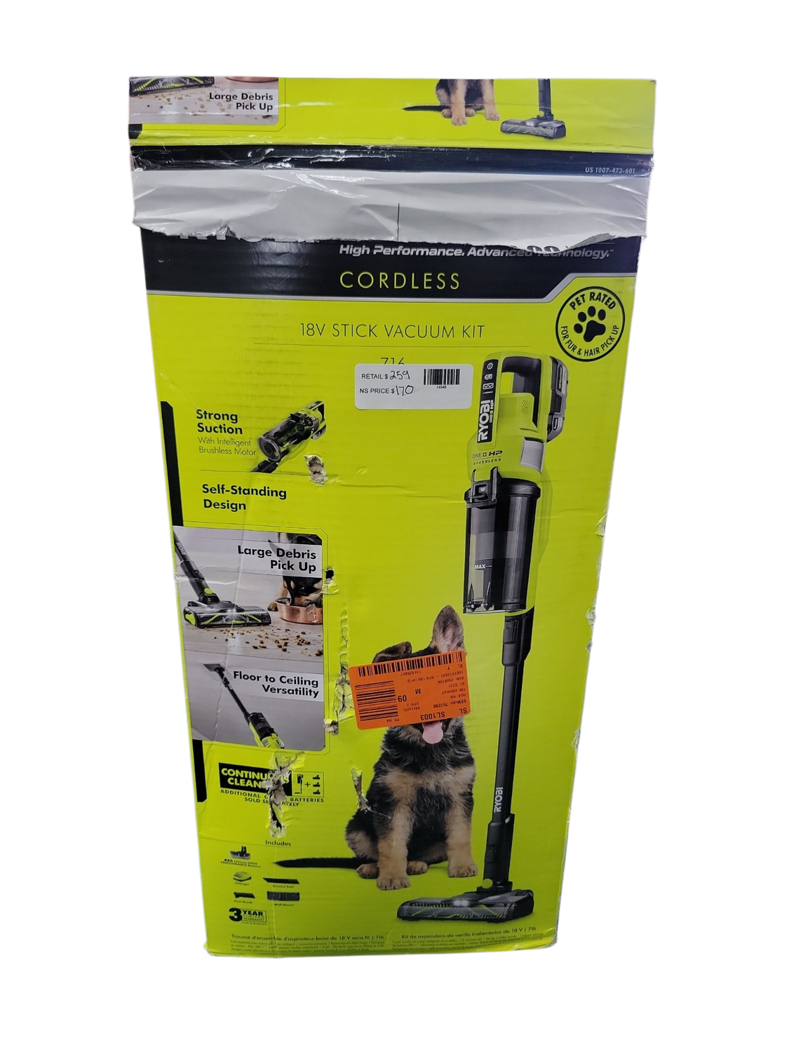 RYOBI ONE+ HP 18V Cordless Pet Stick Vacuum Cleaner Kit with 4.0 Ah HIGH PERFORMANCE Battery and Charger PBLSV716K