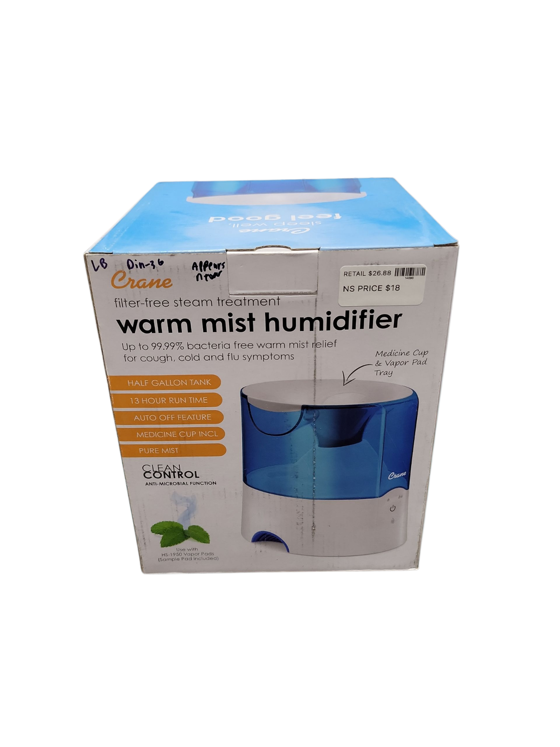 Crane 0.5 Gal. Warm Mist Humidifier with 2 Speed Settings for Small to Medium Rooms up to 250 sq. ft. EE-5202H